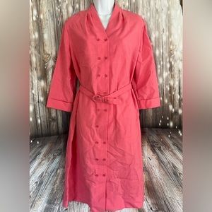 Vintage Leslie Pomer 1970’s Dress Linen Pink Medium button front, original belt
